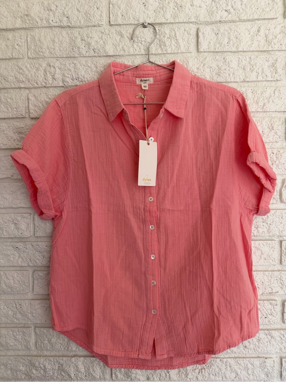 dylan Taylor Roll-Sleeve Gauze Coral button-down short sleeve shirt